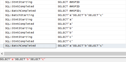 The three queries visible in SQL profiler
